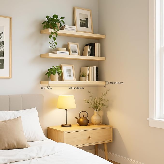 Floating Shelves for Wall, Bathroom Shelves Over Toilet, Wall Shelves & Book Shelf for Room, Hanging Shelf, Modern Wooden Mounted Floating Shelves, 24x7x1.5 in (Oak, Set of 3)