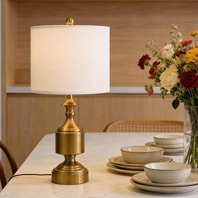 BOBOMOMO Gold Table Lamps Set of 2-20.5" Modern Metal Bedside Lamps for Nightstand, Mid-Century Night Stand Lamps with Linen Shade, Small Lamps for Bedroom Side Table & Home Office