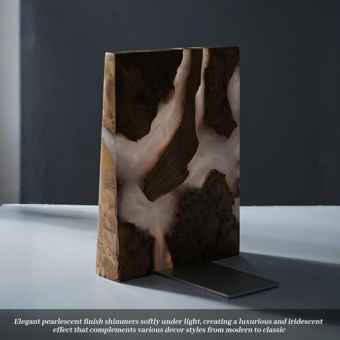 Resin Bookends Large Heavy Duty Bookends for Shelves, Unique Burl Wood Figure Book Ends for Study Office, Fancy Modern Decorative Book Supports for Bookshelf Organization (Pearlescent White)
