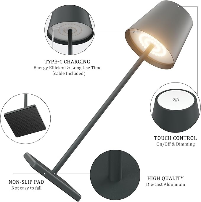2 Packs LED Cordless Table Lamp, Rechargeable Battery Desk lamp 5000mAh Battery Operated Stepless Dimming Modern Portable Table Light for Restaurant/Table/Bedroom/Outdoor IP54 Waterproof (Anthracite)
