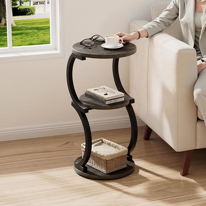 JUSTOGO Small Round Side Table, 3-Tier End Table for Living Room, Vintage Nightstand for Small Spaces Sofa Couch Corner Bedside Bedroom, S-Shaped Wood Accent Table Matel Coffee Table, Charcoal Grey