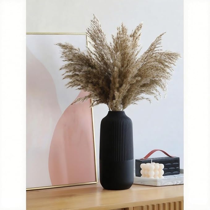Black Ceramic Vase for Flowers, 8 Inch Flower Vases Home Decor, Black Boho Vases for Pampas Grass, Vase for Centerpieces Living Room Table Entryway Shelf