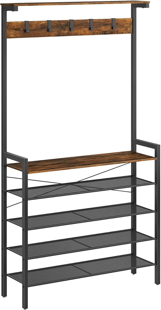 HOOBRO Hall Tree with Bench, Coat Rack with Shoe Storage, Shoe and Coat Rack, 5-Tier Entryway Shoe Storage, 5 Hooks, for 12-16 Pairs, Industrial, Hallway, Foyer, Mudroom, Rustic Brown BF74MT01