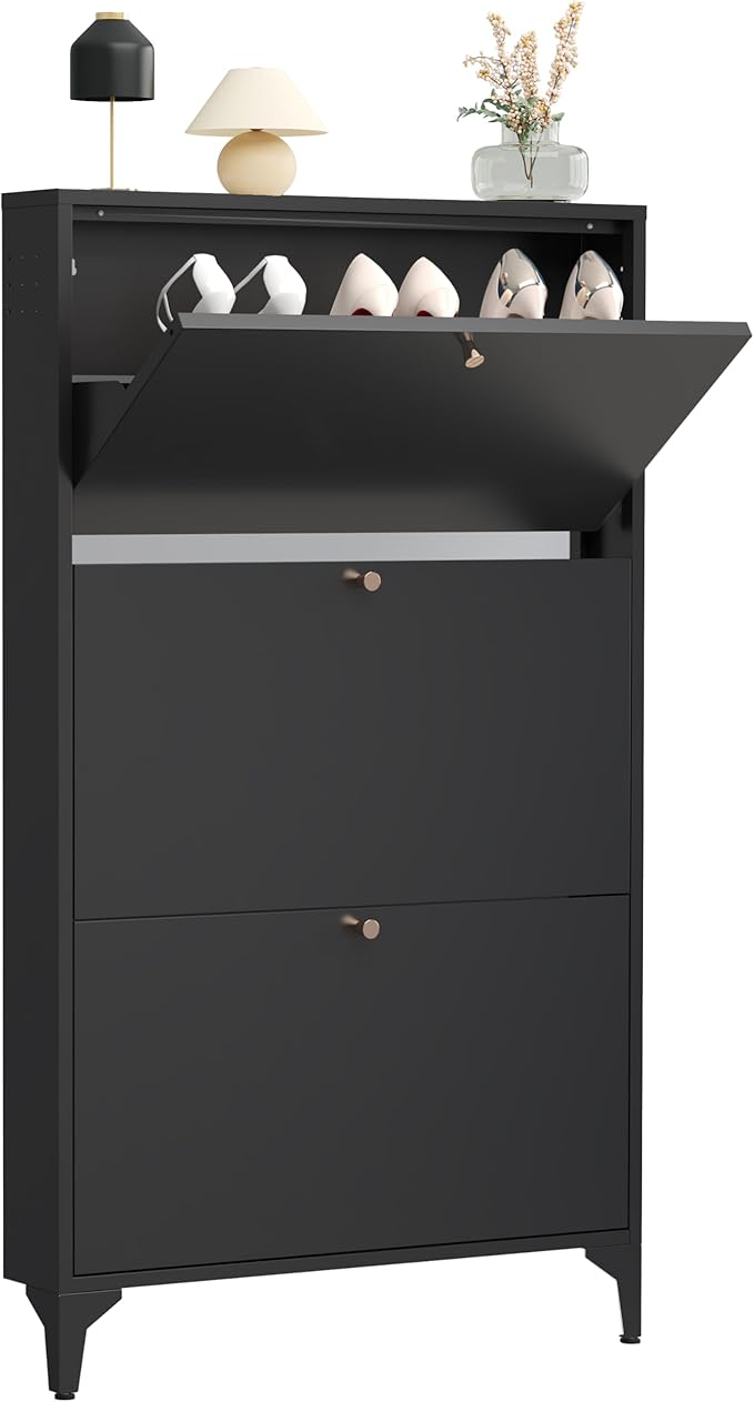 Shoe Storage Cabinet for Entryway with 3 Flip Drawers, Freestanding Shoe Organizer with Legs,Farmhouse Narrow Shoe Storage Cabinet for Entryway, Foyer,Living Room (3-Drawers, Black)