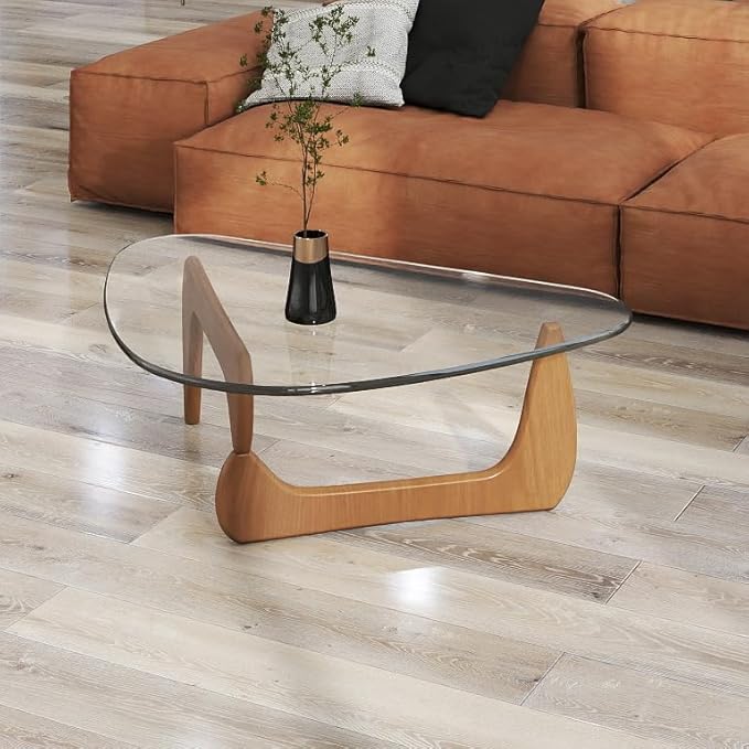 Coffee Table for Living Room &Small Space, 35.5″ Modern Glass Coffee Tables, Solid Wood Base, Triangle Tempered Glass Top, Curved Transitions, Funky Rustic Center Tables