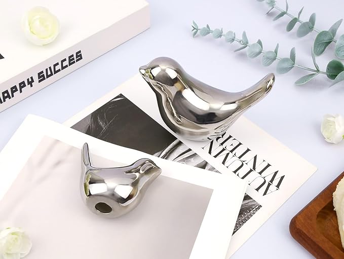 LAIDANLA Small Birds Statues Silver Modern Style Home Decor Birds Small Animal Sculpture for Living Room Office Desktop Shelf Coffee Table Bedroom（2pcs）