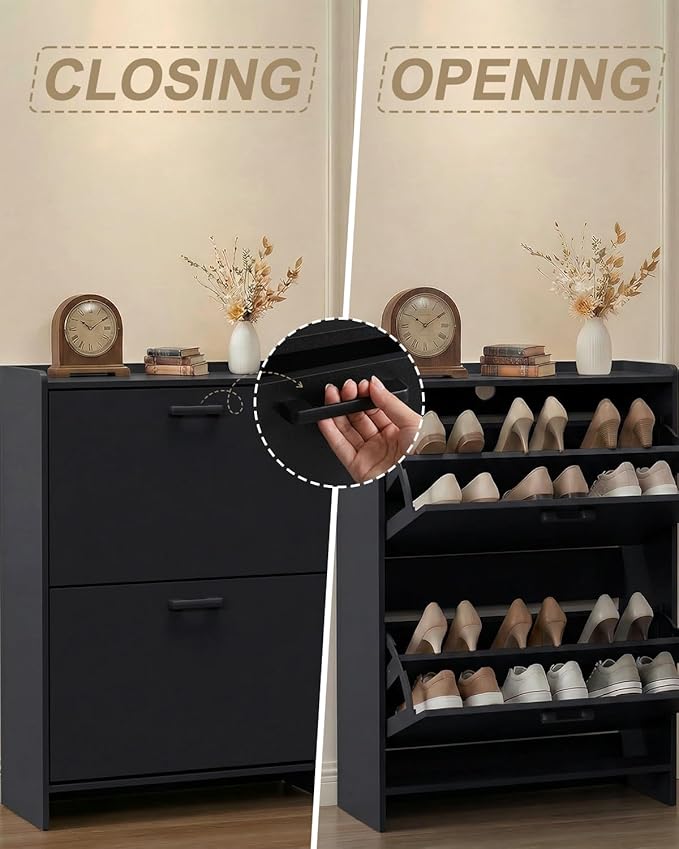 Shoe Cabinet Organizer with 2 Flip Drawers, Freestanding Narrow Rack with Adjustable & Removable Shelves, Slim Shoe Storage for Entryway, Foyer, Hallway, Black