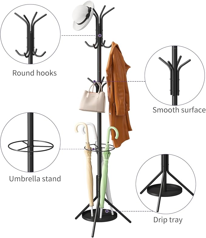Coat Rack Freestanding,Entryway Hanger Stand,Umbrella Holder,Hall Tree With 12 Hooks, Floor Standing Metal Tree Stand,Black