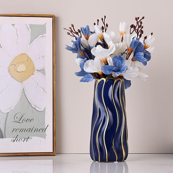 7.5" Blue Ceramic Vase - Minimalist Blue and Gold Flower Vase, Blue Decor Small Pampas Grass Vase, Boho Decorative Centerpiece Vase for Home Decor, Table, Shelf, Mantel, and Entryway