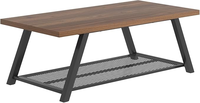 FOLUBAN Modern Coffee Tables for Lliving Room, Retro Wood and Metal Coffee Table with Storage, 2-Tier Industrial Rectangle Cocktail Tea Table, Walnut, 47 Inch