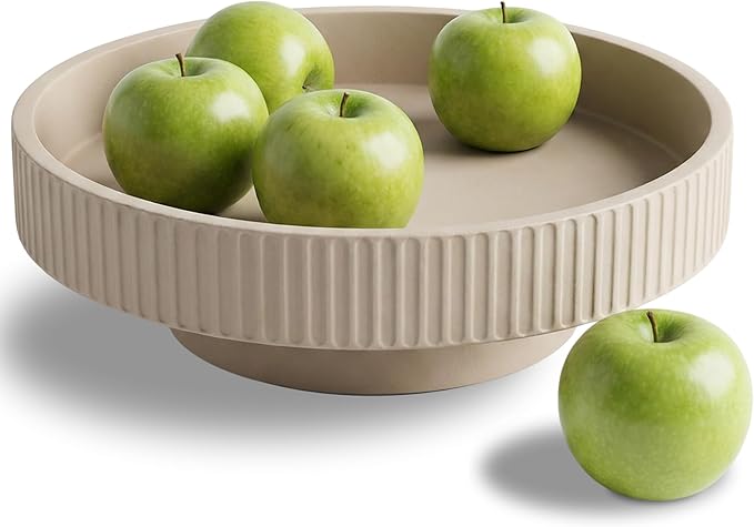 JUPTR Concrete Fruit Bowl (12") – Shallow Fluted Pedestal Decorative Centerpiece Bowl for Table, Entryway Catch-All & Modern Home Decor – Heavyweight Stone Bowl (Beige)