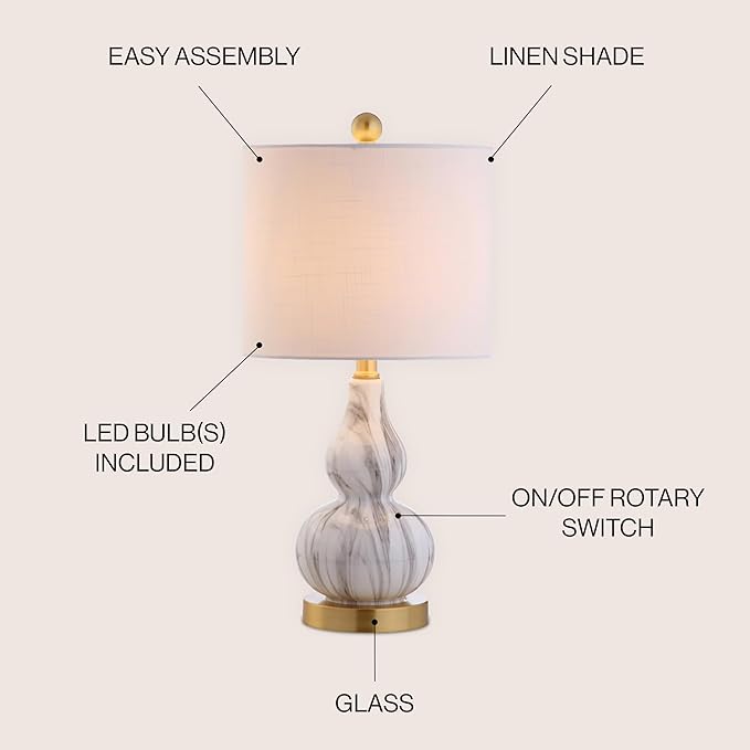 JONATHAN Y 20.5" Black/White Glass Table Lamp, Modern Gourd Bedside Nightstand Lamp for Bedroom, Living Room, White Linen Shade, LED Bulb Included (JYL1028D)
