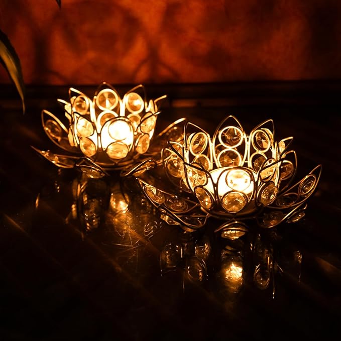 Ekhasa Crystal Tealight Candle Holders for Home Decor | Perfect Candle Stand for Diwali Decoration and Table Decor | Indoor & Outdoor, Festival Decorative Candles Gift Items (Lotus Shape, Set of 2)