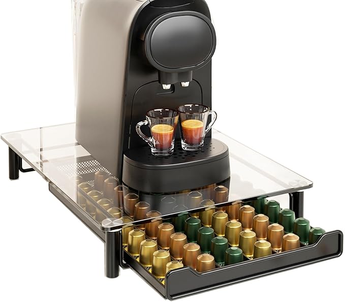 SEVENLINE Crystal Tempered Glass Coffee Pod Storage Drawer Compatible with Nespresso OriginalLine Capsules Holder 60 Original Line Pods Holds Kitchen Organizer