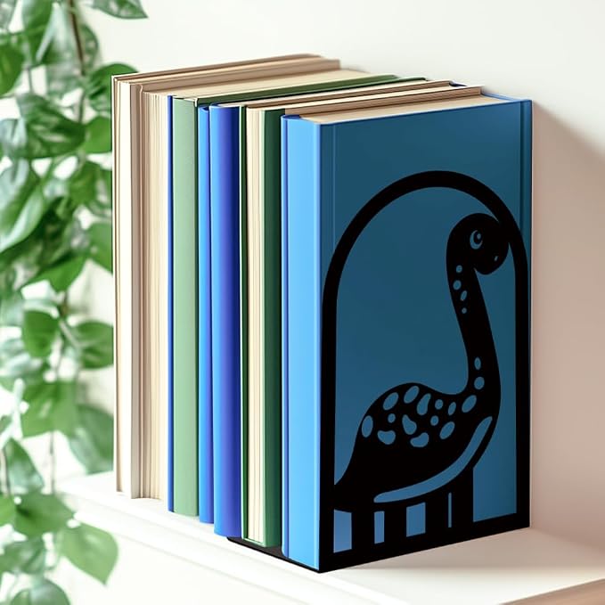 INFUNLY 1 Pair Metal Book Ends for Shelves Dinosaur Heavy Duty Bookshelf Holder Stand Black Book Stopper Support for Desktop 7.1x4.7x3.5 for Home Office Library School Kitchen Decor