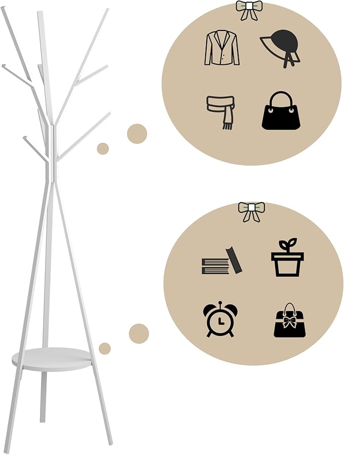 HOME BI Coat Rack Hat Stand Free Standing Display Hall Tree Metal Hat Hanger Garment Storage Holder with 9 Hooks for Clothes Hats and Scarves in White,17.72" Wx17.72 Dx70.87 H