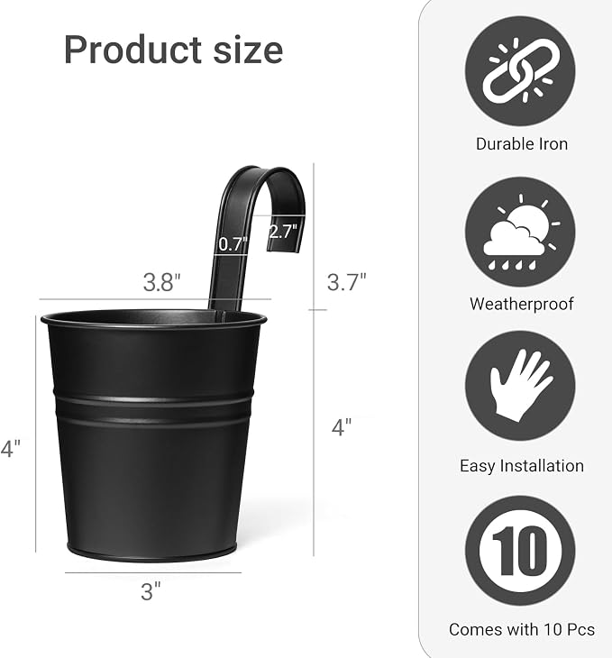 Dahey 10 Pcs 3.8 Inches Small Hanging Flower Pots Metal Iron Bucket Planter for Railing Fence Balcony Garden Home Decoration Flower Holders with Detachable Hooks, Black