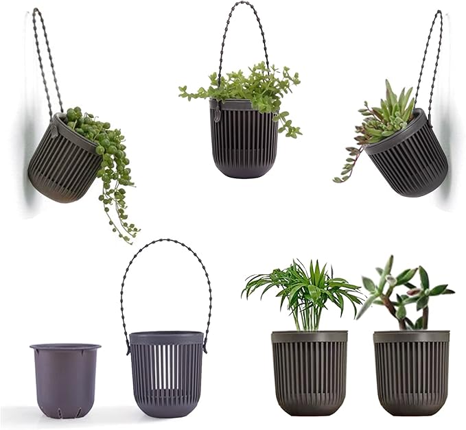 Melphoe Mini Hanging Succulent Planters, Perfect Drainage, Sling Handle, Great for Indoor/Outdoor Decoration, Black