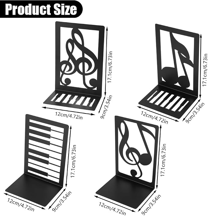 3 Pairs Book Ends Metal Bookends for Shelves, Decorative Bookends for Heavy Books Non-Skid Musical Note Bookshelf Holder, Book Stopper Bookshelf Decor for Family, Office and School