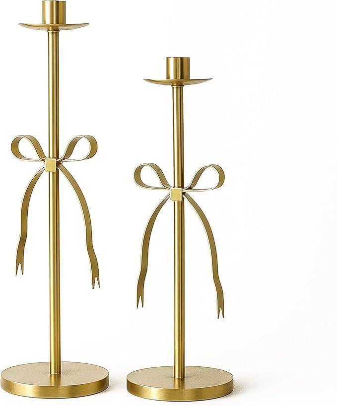Gold Candle Holders Set of 2 Metal Taper Candle Stands with Bow Design, Modern Decorative Candlesticks for Dining Table, Wedding, Fireplace, Holiday & Christmas Decor