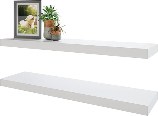 BAMEOS Floating Shelves,31 in W White Wall Mounted Wooden Shelves with Invisible Brackets Set of 2, Hanging Wall Shelves Decoration for Bedroom, Bathroom, Living Room and Kitchen
