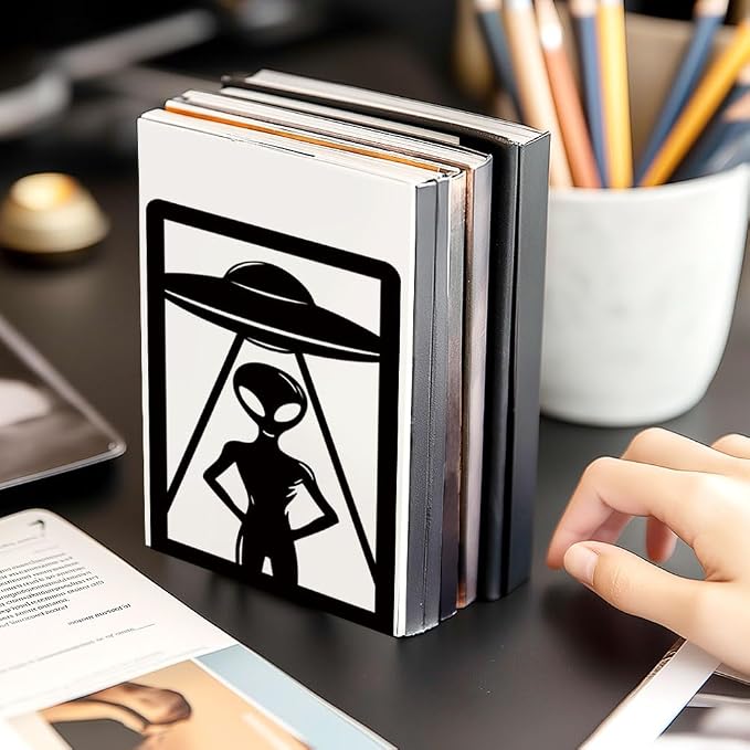 Alien Theme Bookends for Shelves, Spaceships and Aliens Book Ends Decorative Books Desk Organizer Book Stoppers to Hold Books Heavy Duty, Unique Bookshelf Decor for Home Decor