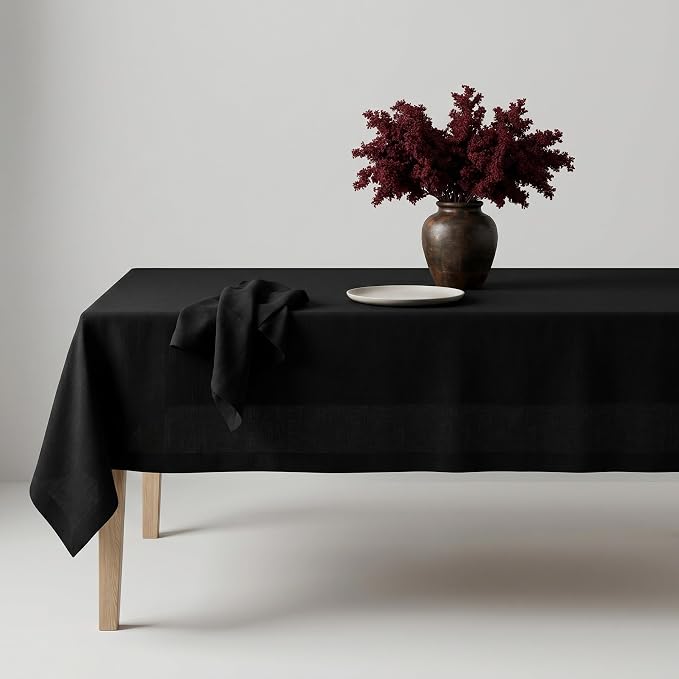 Solino Home Linen Black Tablecloth 60 x 144 Inch - 100% Pure Linen Rectangular Tablecloth - Machine Washable Table Cloth - Fete