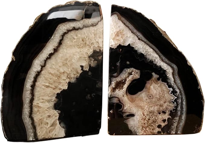AMOYSTONE Black Geode Bookends Agate Decorative Book Ends for Shelves Heavy Duty Crystal Quartz Bookends with Rubber Bumpers(1 Pair, 3-4 LBS)