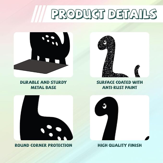 Peacoblue Metal Bookends for Shelves, Modern Decorative Heavy Duty Study Book Support Stoppers for Office, Desk, Shelf, Room 4.7"x3.5"x7" Cast Iron Simple Tall Bookends, 1 Pair (Dinosaur)