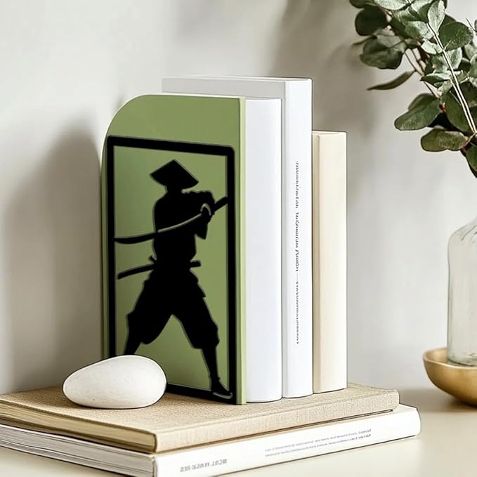 Peacoblue Metal Bookends for Shelves, Modern Decorative Heavy Duty Study Book Ends Stoppers for Office, Desk, Shelf, Room 5.3"x4.3"x7.9" Cast Iron Simple Tall Bookends 1 Pair (Japanese Samurai)