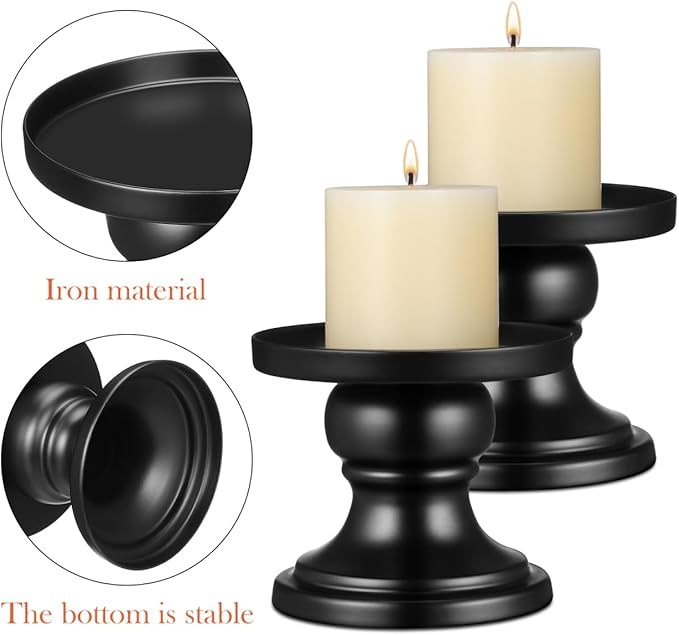 Abaodam Black Candle Holders for Pillar Candle Set of 2, Reversible Metal Candlestick Stand for Fireplace, Table Centerpiece and Farmhouse Home Decor