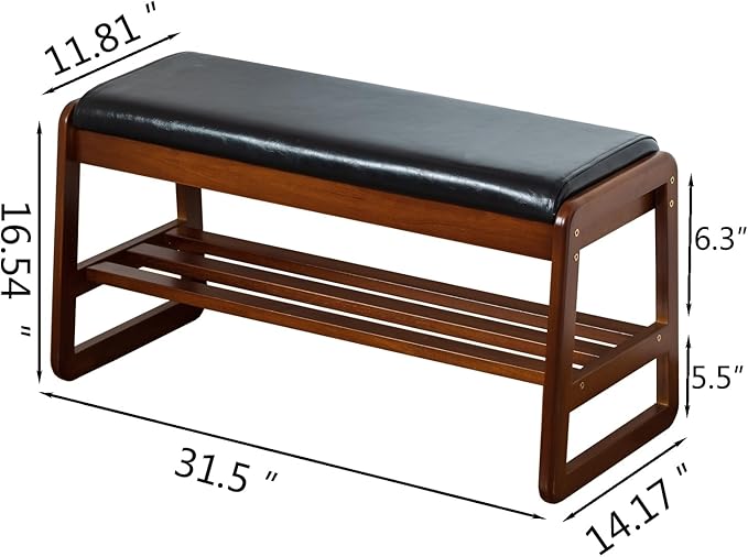 Shoe Bench with Storage - 2-Tier Entryway Bench, Solid Wood Shoe Rack with Cushion & Flip-Open Box, Mid-Century Modern for Hallway, Mudroom, Bedroom (Black, 31.5'')