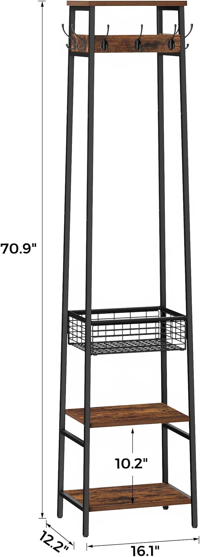 Coat Rack Freestanding, Coat Stand with Metal Basket and Storage Shelves, Hall Tree Free Standing With and 7 Hooks, Clothes Rack Stand Organizer, Rustic Brown and Black