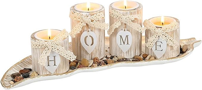 Wooden Candle Holders Centerpieces for Living Room Coffee Table Decorations,Farmhouse Table Decor Tealight Candles Holders with Rustic Tray,Candlesticks for Home Decoration Fireplace Kitchen (Leaf)