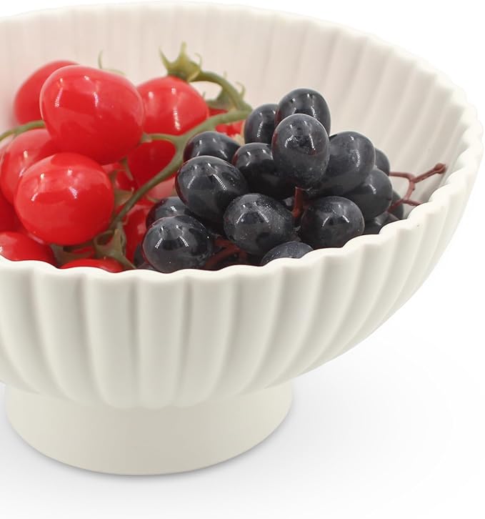 Modern 8 Inch White Ceramic Fruit Bowl - Small Footed Pedestal Fruit Bowl for Kitchen Counter, Farmhouse Chic Centerpiece for Dining Coffee Table & Home Decor,Key Ruffle Bowl for Entryway Table ﻿