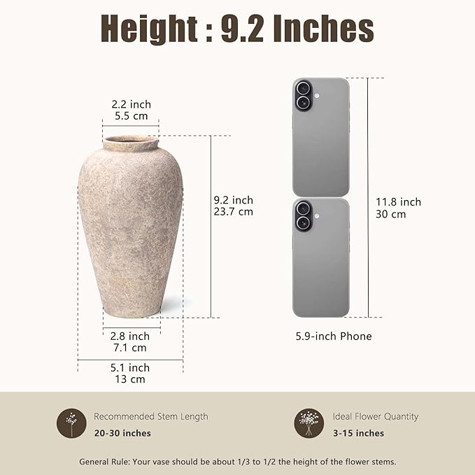 Ceramic Flower Vase Home Decor - 9.2 inch Large Farmhouse Table Vases, Rustic Decorative Vases for Kitchen Living Room Coffee Dining Shelf Mantel Decoration