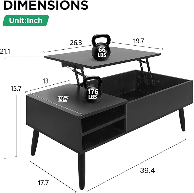 PayLessHere 39" Lift Top Coffee Table with Adjustable Storage and Hidden Compartment Small Wood Coffee Table Center Table for Home Living Room Office Apartment Reception Room,Black