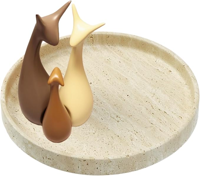 Natural Travertine Vanity Tray – Round Beige Marble Tray for Bathroom, Jewelry, Candle, Perfume, Nightstand & Kitchen Decor, 10 Inch Wabi-sabi Style Decorative Stone Catchall Organizer