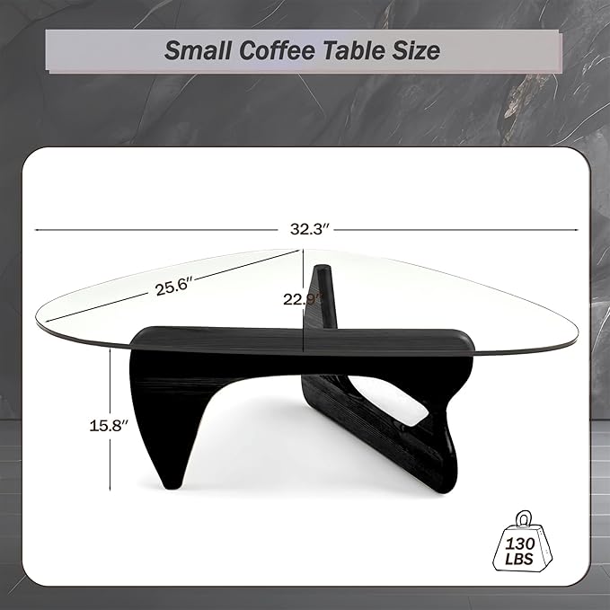 Black Modern Glass Coffee Table, Unique Triangle Coffee Table for Living Room, Tempered Glass Top + Wooden Base, Abstract Contemporary Center Tables for Home Office Bedroom