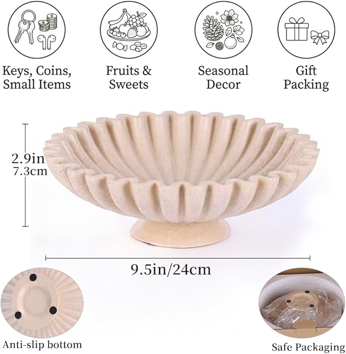 Large Resin Pedestal Decorative Bowl -9.5in Beige Decorative Fruit Bowl for Kitchen Counter, Matte Beige Bowls, Modern Decorative Centerpiece Bowl for Home Decor, Table Decor, Entryway Key