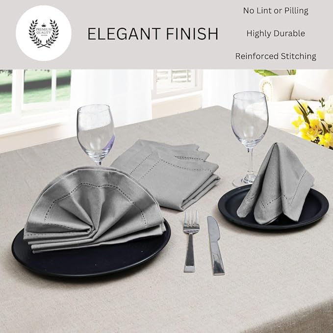 Hemstitch Cloth Dinner Napkins 100% Cotton Set of 12 - for Dining Special Occasions Weddings Parties Holidays Easter - Soft Durable Washable - 18x18 Inch Table Cloth Napkins Light Grey