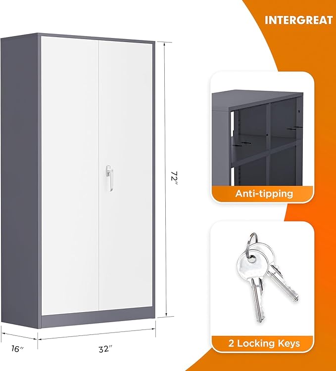 INTERGREAT Metal Storage Cabinet Doors, 72" Locking Steel Storage Cabinet with Shelves, Tall Lockable Steel Cabinets for Home Office, Garage(New Grey)