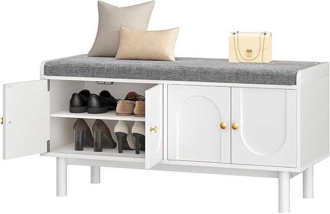 Shoe Storage Bench Set of 2, 2-Tier Entryway Bench with Cushion, 15" D x 39.4" W x 19.7" H, Shoe Cabinet Bench with 4 Doors and Adjustable Shelves, for Entryway, Hallway, Bedroom, White