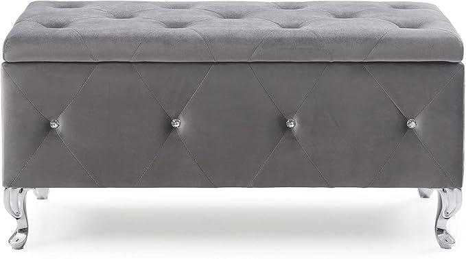 AC Pacific Glam 38 Inches Storage Ottoman Bench for Entryway, Hallway, Living Room, and Bedroom, Upholstered Tufted Faux Leather Ottoman with Storage, Foot Rest and Organizer, Fossil Gray