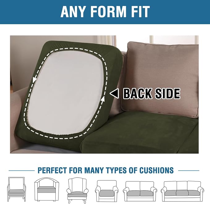 H.VERSAILTEX Velvet Stretch Couch Cushion Cover Plush Cushion Slipcover for Chair Loveseat Sofa Cushion Furniture Protector Seat Cushion Sofa Cover (3 Piece Sofa Cushion Covers, Olive)
