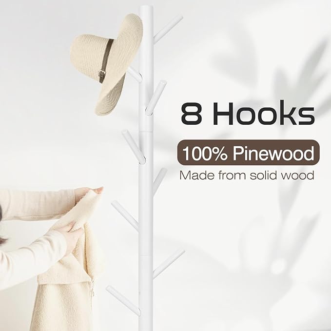 WANGMUXIA Coat Rack, Freestanding Coat Rack with 8 Hooks and 3 Adjustable Size Tree Coat Racks for Bedroom, Hallway, Entrance, Office, for Hats, Coats, Scarves, Handbags