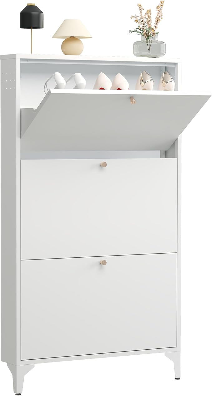 Shoe Storage Cabinet for Entryway with 3 Flip Drawers, Freestanding Shoe Organizer with Legs,Farmhouse Narrow Shoe Storage Cabinet for Entryway, Foyer,Living Room (3-Drawers, White)