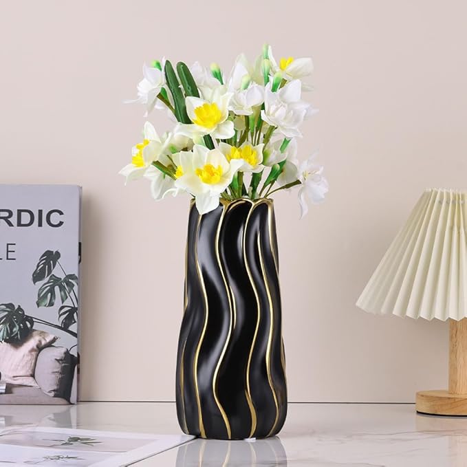 7.5" Black Ceramic Vase - Minimalist Black and Gold Flower Vase, Small Pampas Grass Vase, Boho Decorative Centerpiece Vase for Home Decor, Wedding, Housewarming, Table, Shelf, Mantel, and Entryway
