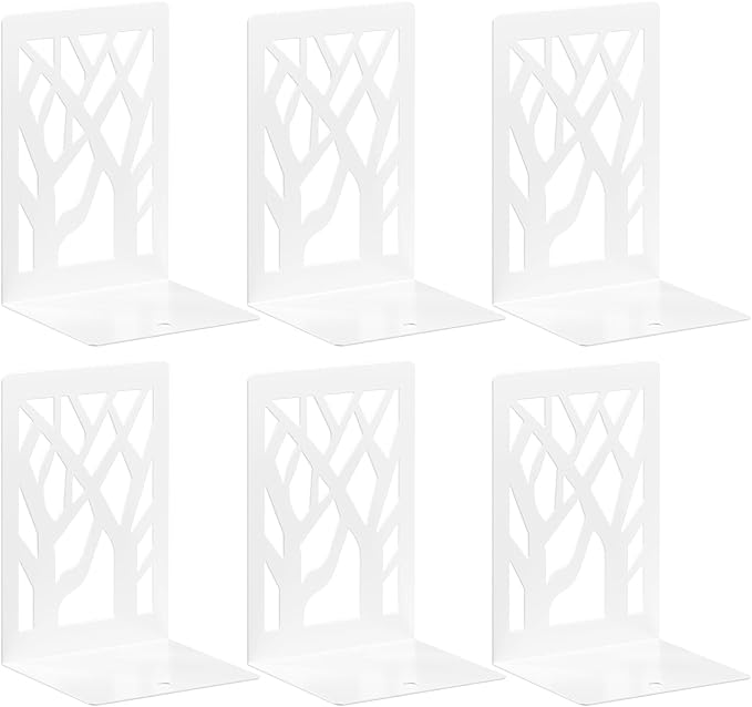 VFINE Withe Bookend 6-Piece, Tree Design Bookends for Shelves, Metal Book Ends for Desk, Decoration Stylish Bookshelf Bookends for Home Office School Supplies