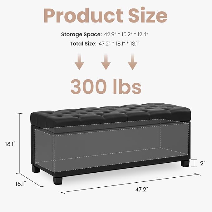 kinmars 47.2" Ottoman with Storage, Storage Ottoman Bench with Safety Hinge,Tufted End of Bed Bench, Upholstered Entryway Bench for Bedroom, Living Room & Window (Black-Upgraded Version)